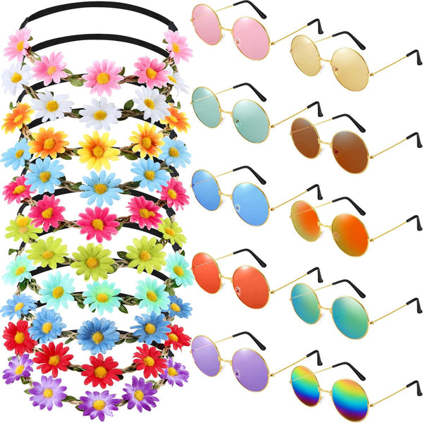 Bememo 20 Pieces Hippie Headband Glasses Costume Set, Includes 10 Pieces Multicolor Daisy Flower Crown and 10 Pieces