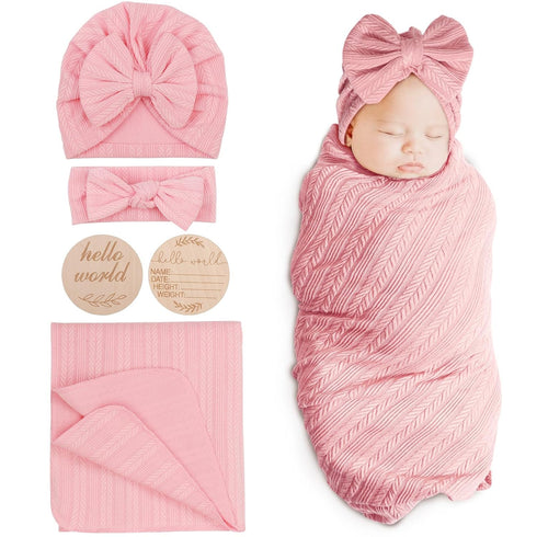 DRESHOW BQUBO Baby Swaddle Blankets for Girls, 4PCS Newborn Accessories Set with