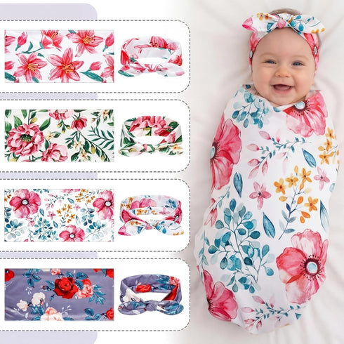 4 Sets Set 4 Moukeren Newborn Receiving Blanket Headband Baby Flower Swaddle Infant Sleepsack Nursery Blankets for Warm