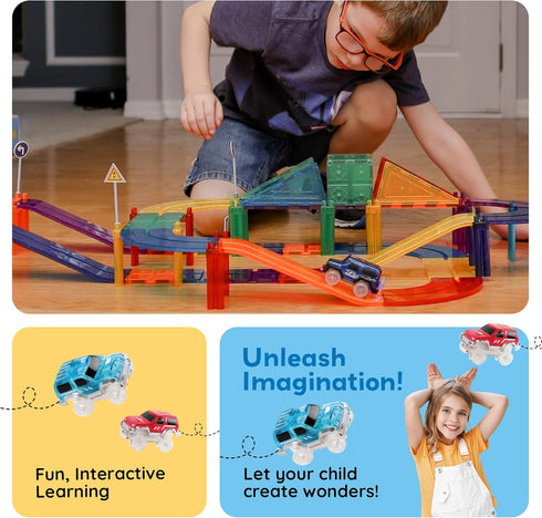 PicassoTiles Magnetic Race Track Toys Set for Toddlers, Includes 2 Trucks, Building Blocks for Kids Age 3+