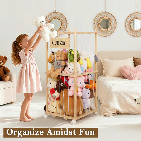 5-Row Edudif Stuffed Animal Storage Zoo, Wooden Stuffed Animal Organizer with Removable Wheels & Elastic Cords