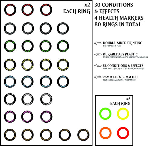 Citadel Black Health & Condition Rings, 80 Pack, Double Sided Black Plastic Rings for Dungeons and Dragons