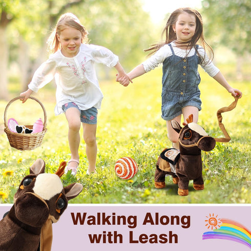 Marsjoy 3+ 11.81" 3+ Black Walking Pony Toy Musical Singing Dancing Plush Interactive Walk Along Toy Horse with Leash