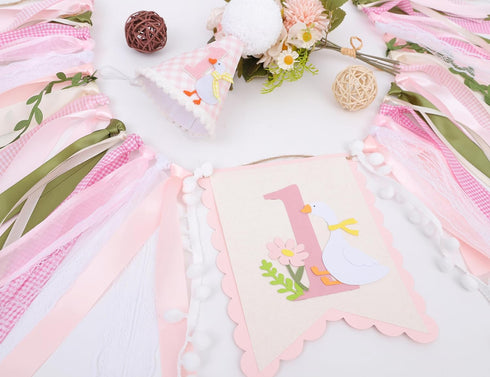 LINLULU 1st One Funny Goose High Chair Banner for Girls - Goose Birthday Decorations for Girls, Pink GooseFirst