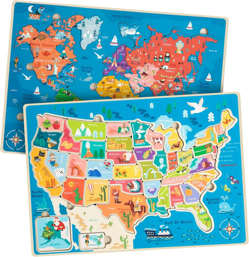 Puzzles for Kids Ages 4-6, Wooden Educational Puzzles for Toddlers 2-4, 2 Pack US & World Map