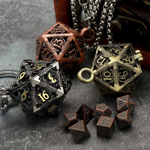 Haxtec Mini Metal DND Dice Set - 20mm Black Gold Hollow D20 Necklace with Antique Tiny Copper Dice