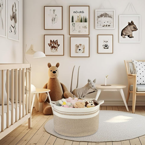 Large Cotton Rope Basket for Blankets, 22"x14" Toy Basket for Kids, Woven Laundry Basket for Clothes, Round White Brown