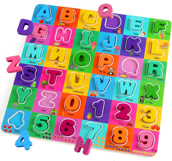 Wooden Alphabet and Number Puzzles for Toddlers 1-4, Chunky ABC Puzzle Board for Preschool Learning Toys for Boys and