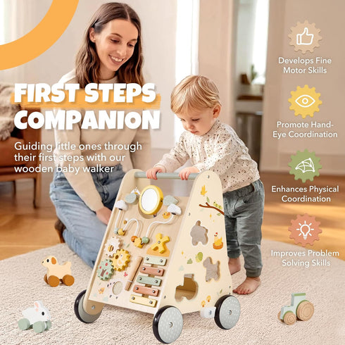 Pithfor Wooden Baby Push Walker, Baby Walker with Activity Center for Girls Boys, Montessori Sensory Push Toys