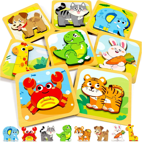 FunMission Puzzles, 8Pcs Animals Pegged Puzzles Toddler Toys, Brain Teaser Puzzles Montessori, Wooden