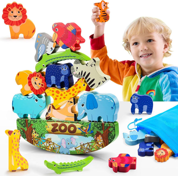 Animals Montessori Toddler Toys for 2-7 Year Old Boys Girls, Wooden Animal Blocks Stacking Toy, Educational Fine Motor