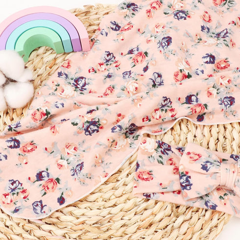 BQUBO Baby Girl Newborn Receiving Blanket with Bow Hat Headband, Wooden Birth Announcement Card Set