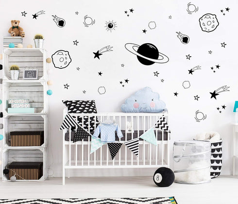 Planet Wall Decal for Boys Room Decor, Outer Space Vinyl Wall Decals, Star Stickers for Kids Bedroom, Nursery (Black)