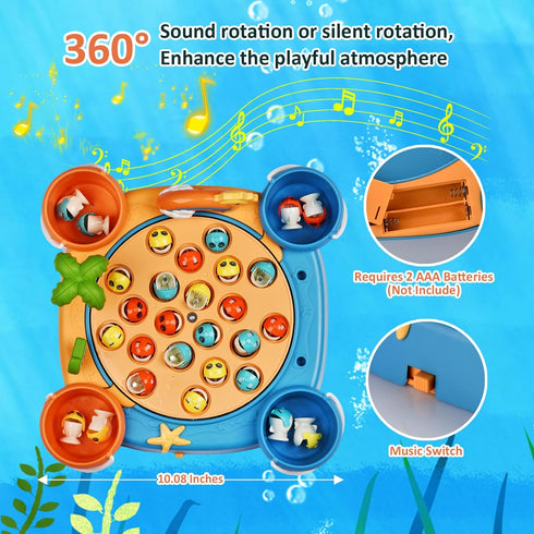 Magnetic Fishing Game Set - Fish Toys with 21 Fish and 6 Poles, Rotating Board and On-Off Music Switch - Fun Fishing Toy Board Games for Kids and Toddlers Age 3 4 5 6 7 8 and Up (Blue)