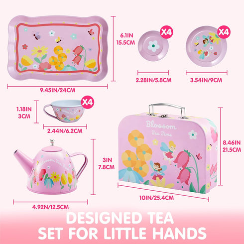 Set Set, 3 4 5 6 JOYIN Fairy Blossom Tea Party for Little Girls, Pretend Pink Tin Teapot Princess Tea Time Play Kitchen