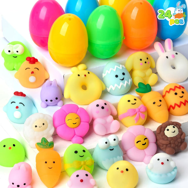 JOYIN 24 Pcs Easter Prefilled Eggs with Mochi Squishy Toys, Cute Stress