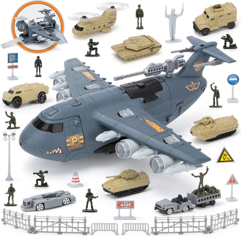 XDUOYJOY Military Airplane Toy, Army Toys Fighter Jet with 8 Vehicles, Army