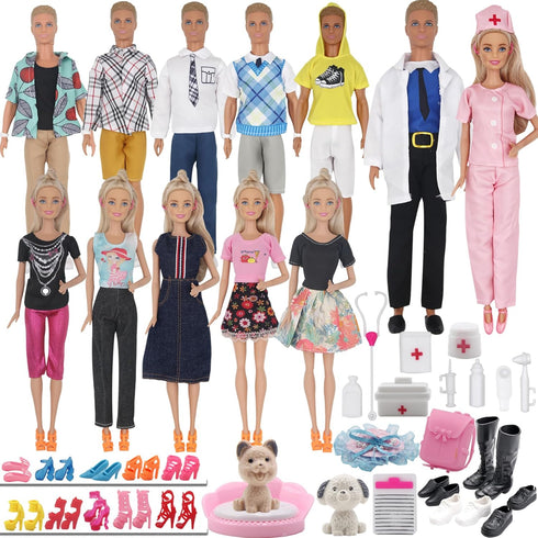 71Pcs Doll Clothes and Accessories for 12 Inch Boy and Girl Dolls, Pet Care Set with 25 Wear Clothes