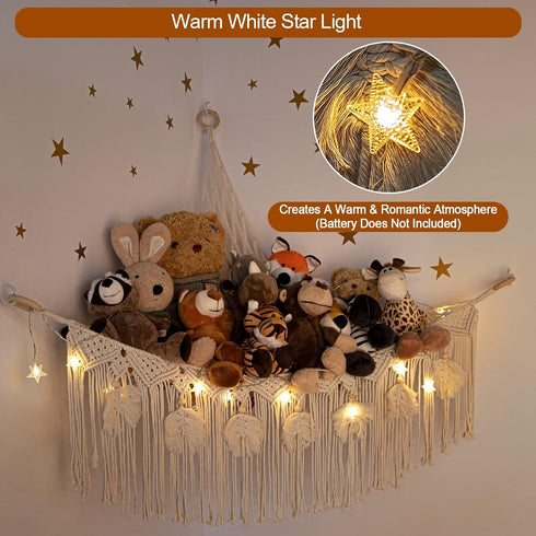 Hammock ANROYE Macrame Stuffed Animal Toy Net with Star Light, Small Plushies Boho Storage for Nursery, Corner Wall