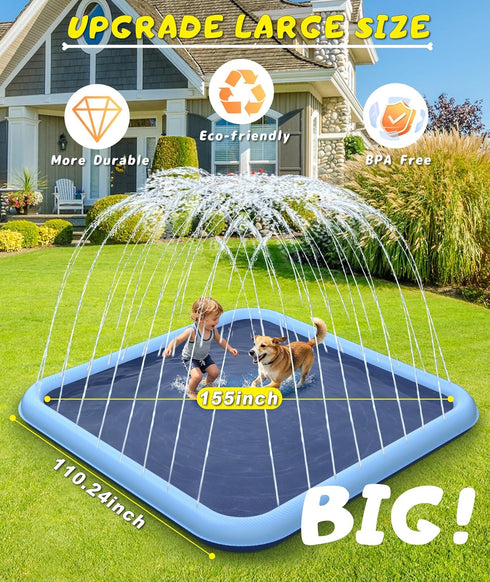 155"- 110.24" Summer 3 EPN Splash Pad, Size Extra Large Sprinkler Play Mat for Dogs & Kids, Thicker Wading Pool Outdoor
