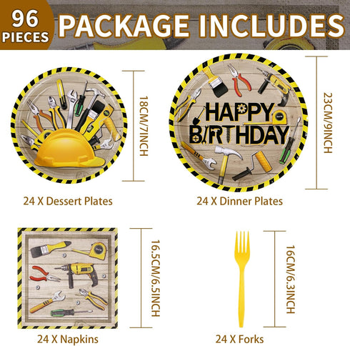 96 350GSM Set 24 Grencian PCS Handyman Tools Party Supplies Handyman Tools Party Plates Disposable Handyman Tools
