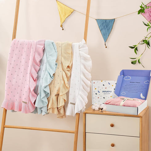 40 31 Inches Cozy Ruffle Cotton Pointelle Knitted Baby Blanket, x Soft Newborn Swaddle Blanket for Girls, Crib Stroller
