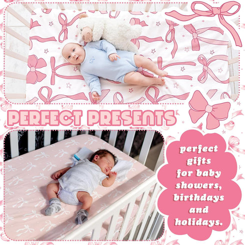 4 Pack Set 52'' 28" Peryiter Crib Sheets for Baby Pink Bow Soft Baby Bed Sheet x Nursery Crib Sheets for Standard Bed