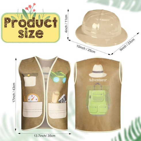 24 Pcs Kids Explorer Costume Sets - 12 Safari Vests and 12 Jungle Party Hats for Outdoor Activity Favors