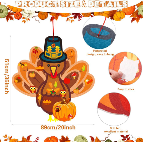 37 Pieces Fall Thanksgiving Felt Craft Kit, DIY Turkey Pumpkin Set with Detachable Maple Leaves