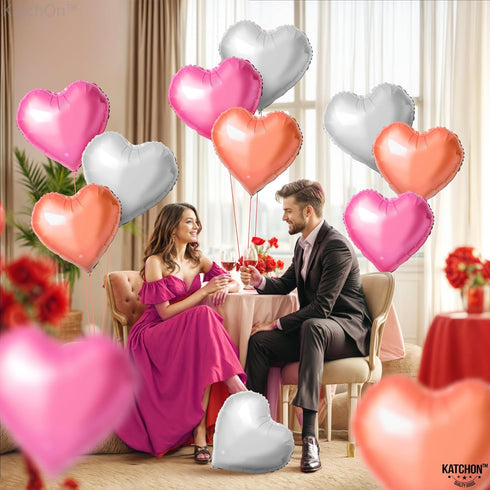 KatchOn Pack of 12 Rose Gold, White Pink Heart Balloons - 18 Inch Heart Shaped Balloons for Love Decorations