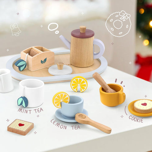 Set 19-Piece 3+ Wooden Tea for Toddlers, Dual-Flavour Pretend Play Tea Party Tray with Wood Cups, Lemon & Mint Tea