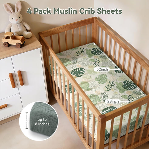 Generic 52"x28" 4 Pack Muslin Crib Sheets, Fitted Crib Sheet for Baby Boys and Girls, Soft Cotton Cover for Standard