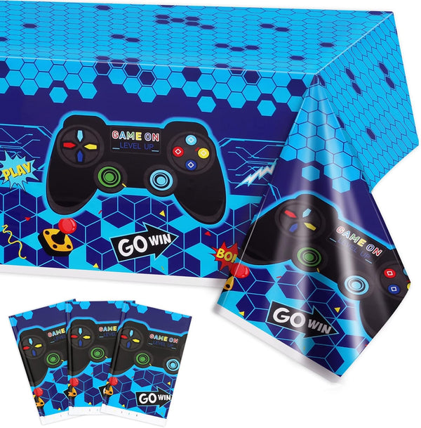 PHOGARY 3 Pack Blue Video Game Tablecloth - Geek Theme Birthday Party Decorations Supplies for Kids Player, 108 x 54