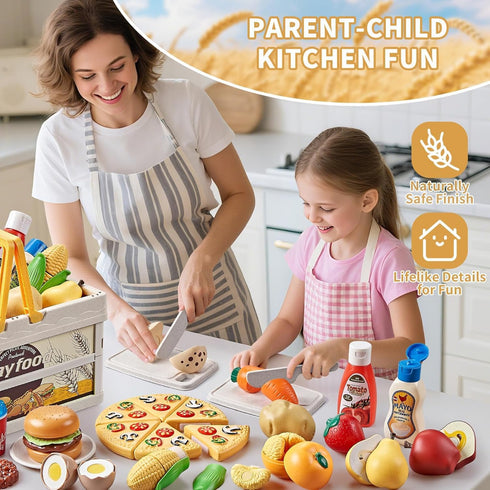 Sets Play Food for Kids Kitchen, Wheat Straw Pretend Food Toys with Kids Picnic Basket and Picnic Blanket, Cutting Toy