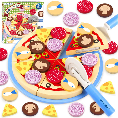 Wooden Pizza Toys for Kids - 24Pcs Cutting Toy Pizza Play Food Set for 3-5 Year Old Toddlers