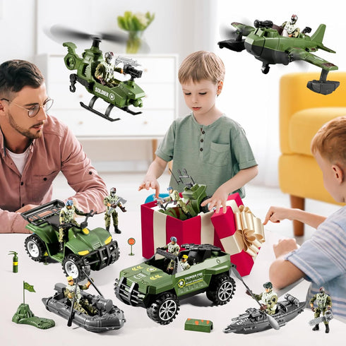 HOSPONY 78-in-1 Sets 4-7 6-8 8-14 Army Men Toys with Realistic Military Truck/Helicopter/Kayak Boat/Motorcycle/Army Men