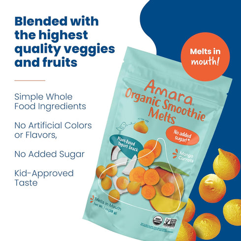 6 Amara Smoothie Melts - Mango Carrot - Baby Snacks Made With Fruits and Vegetables - Healthy Toddler Snacks For Your