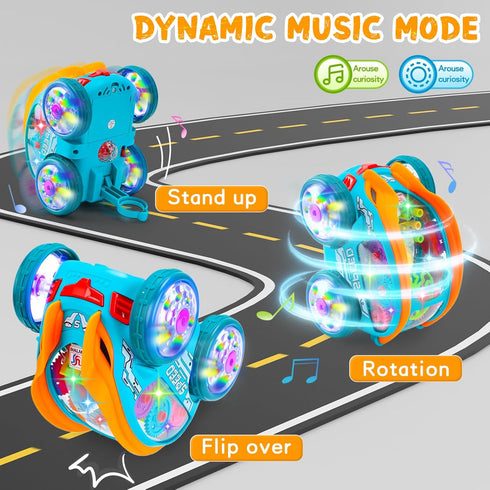 360 1 2 3 4 Light Up Transparent Sensory Car Toy - Standing Rotation Roll Stunt Car, Bump and Go Toy Cars with Colorful