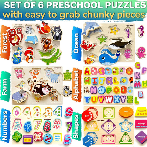 1-3 6XSET 2-4 3-5 QUOKKA Wooden Puzzles for Toddlers Chunky Toddler Puzzles Ages Learning Animals Numbers Alphabet