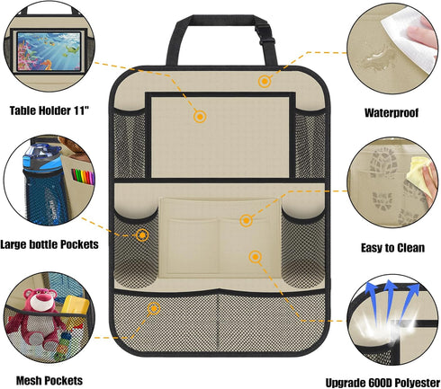 ULEEKA 11" 10 2 Pack, Car Backseat Organizer with Table Holder, Storage Pockets Seat Back Protectors Kick Mats for Kids
