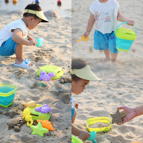 Egashow 8 Playset, 2 1 PCS Kids Foldable Pail Seabeach Sand Toys Sensory Portable Sandbox Digging Toys Including