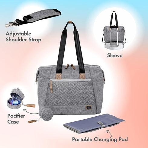 Dikaslon Large Diaper Bag Tote for Mom and Dad, Multifunction Baby Tote Bag with Pacifier Case and Changing Pad, Grey