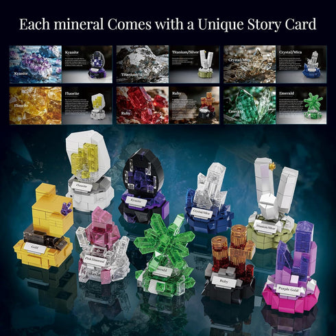 Sikewettx Set 794pcs, 9 Pack 6+ Mineral Display Building Blocks Gemstone Models, Crystal Rock Collection STEM Geology