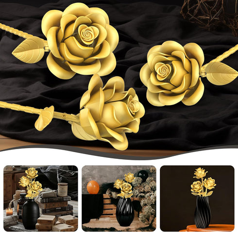 QIFUN Set 3 Gold Roses Flower Building - Roses Bouquet Botanical Building Blocks for Adult, Home Decor Romantic