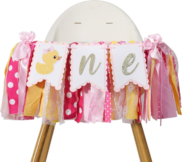 BEADED Duck High Chair Banner - Pink Rubber Duck 1st Birthday Party Decoration,
