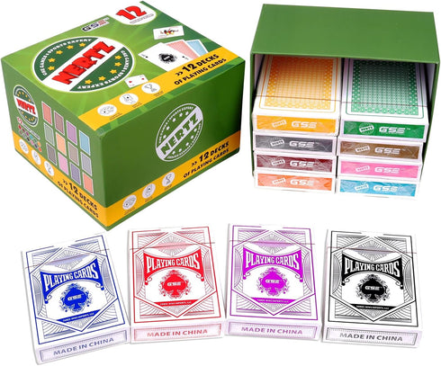 GSE Nertz Card Game, 12-Deck Standard Playing Cards Bulk with 12 Unique Colors, Multiplayer Solitaire Cards