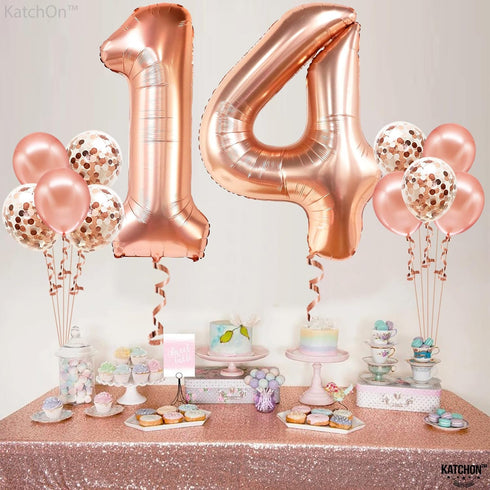 KatchOn Rose Gold 14 Balloon Numbers Set - Giant 40 Inch Foil Number Balloon for 14th Birthday Party