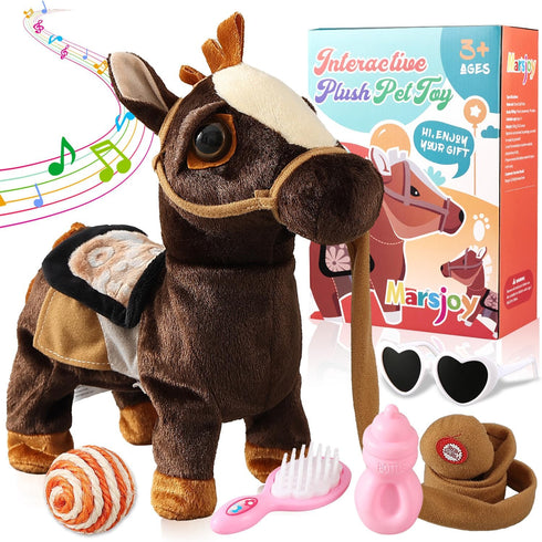 Marsjoy Black Walking Pony Toy Musical Singing Dancing Plush Interactive Walk Along Toy