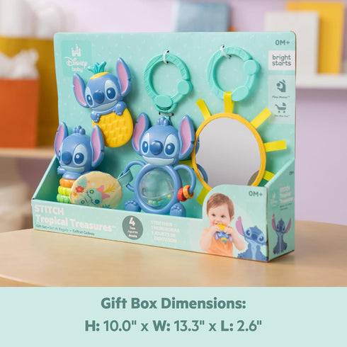 Set 4 Bright Starts Disney Baby Stitch Tropical Treasures Gift with Stitch Inspired Toys Including Baby-Safe Mirror