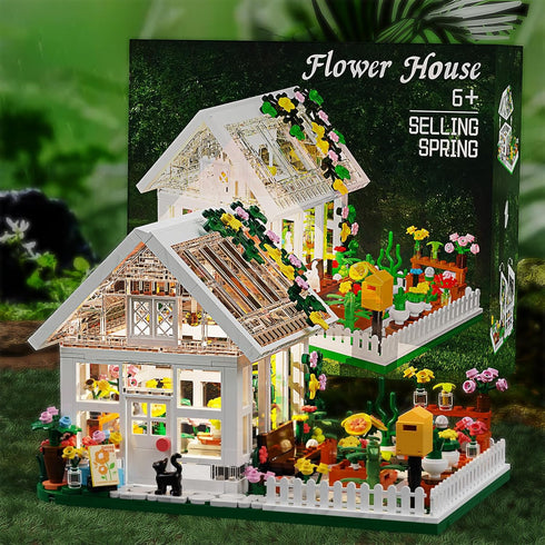 Set 8-12 Flower House Building Mini with LED, City Street View Greenhouse Building Blocks Toy, Valentine Xmas Gift